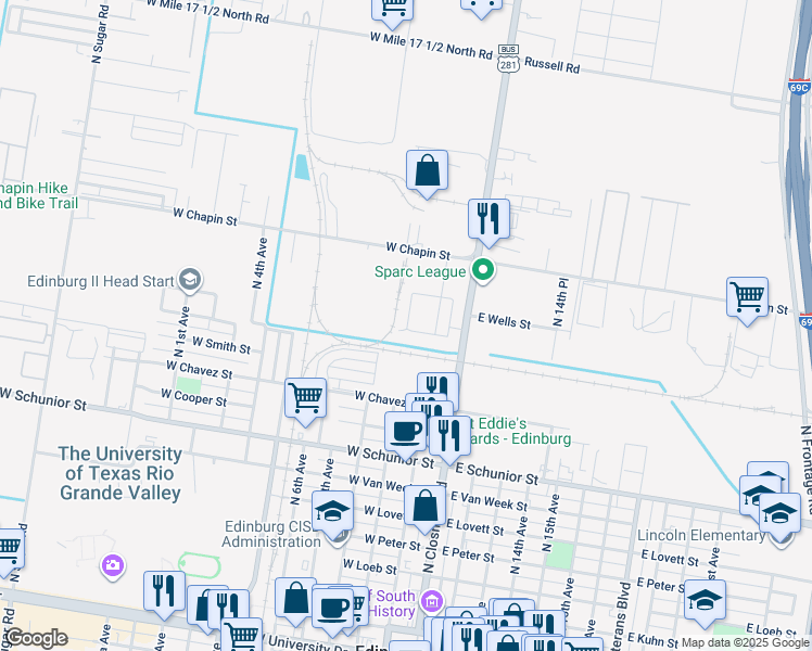 map of restaurants, bars, coffee shops, grocery stores, and more near 220 Teak Drive in Edinburg
