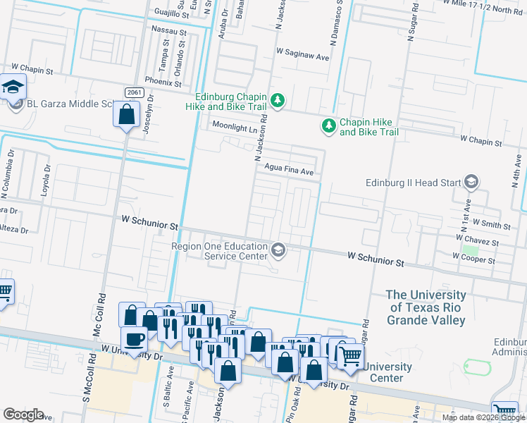 map of restaurants, bars, coffee shops, grocery stores, and more near 2110 Carlos Drive in Edinburg
