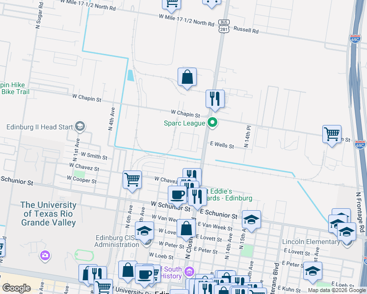 map of restaurants, bars, coffee shops, grocery stores, and more near 110 Teak Drive in Edinburg