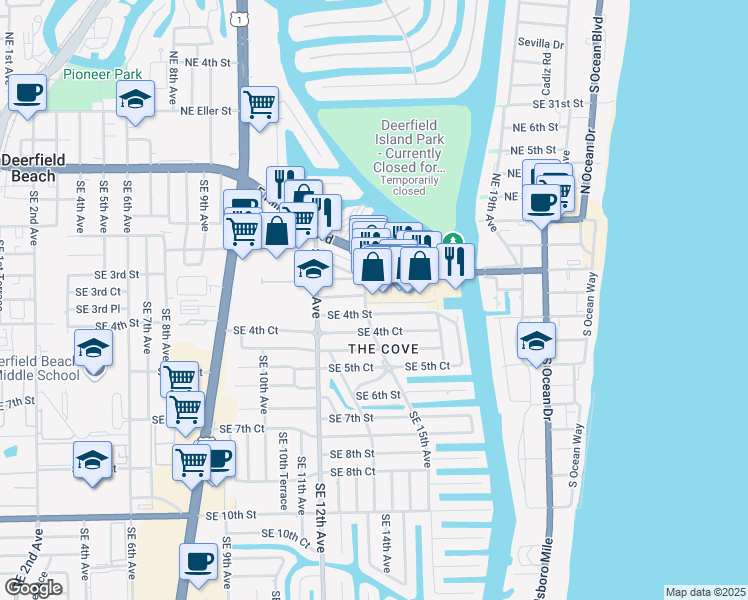 map of restaurants, bars, coffee shops, grocery stores, and more near 1533 Southeast 4th Street in Deerfield Beach