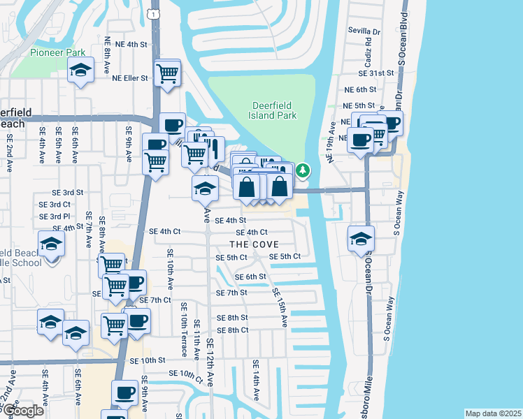 map of restaurants, bars, coffee shops, grocery stores, and more near 1533 Southeast 4th Street in Deerfield Beach