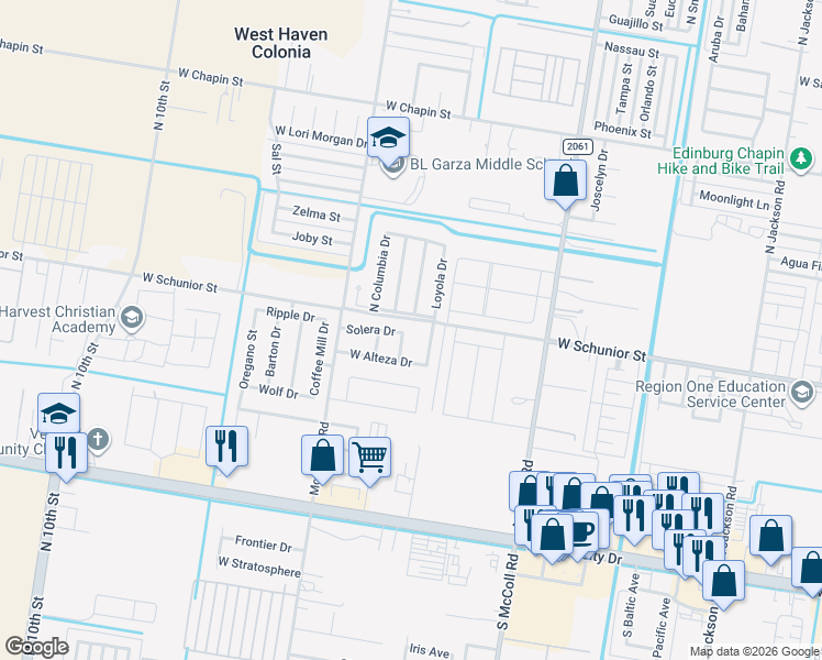 map of restaurants, bars, coffee shops, grocery stores, and more near 621 North Santa Anna Road in Edinburg