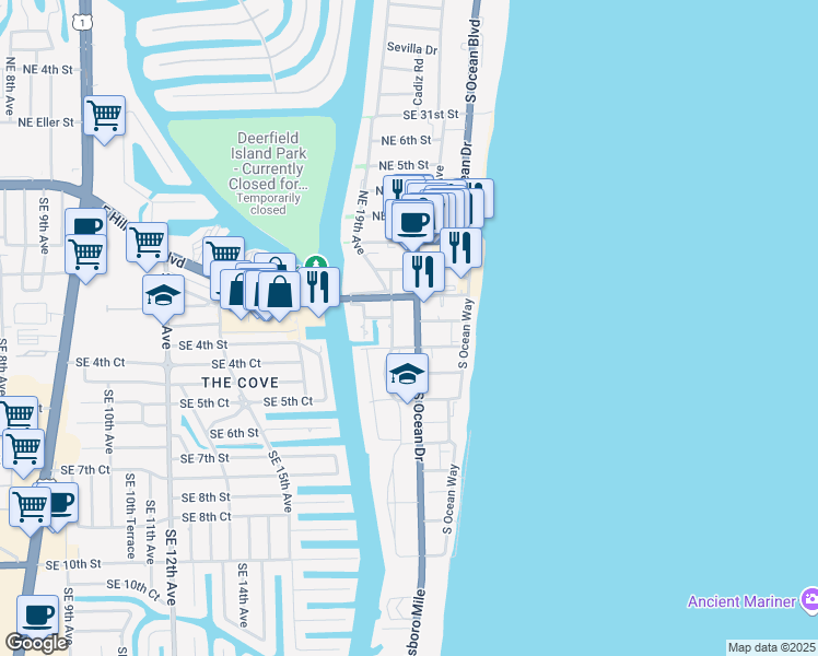 map of restaurants, bars, coffee shops, grocery stores, and more near 180 Southeast 20th Avenue in Deerfield Beach