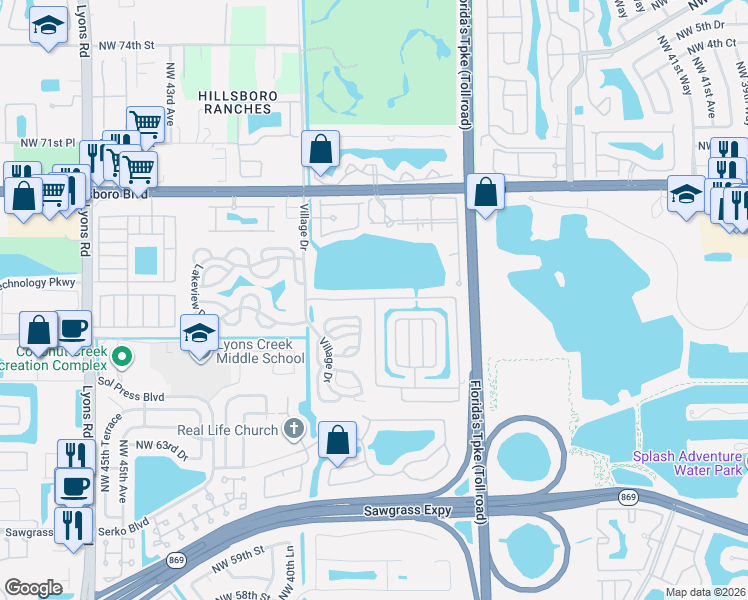 map of restaurants, bars, coffee shops, grocery stores, and more near 3530 Northwest 67th Street in Coconut Creek