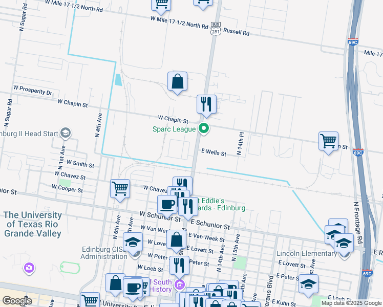 map of restaurants, bars, coffee shops, grocery stores, and more near 1222 North Closner Boulevard in Edinburg