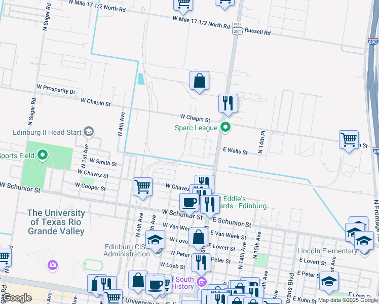 map of restaurants, bars, coffee shops, grocery stores, and more near 220 Teak Drive in Edinburg
