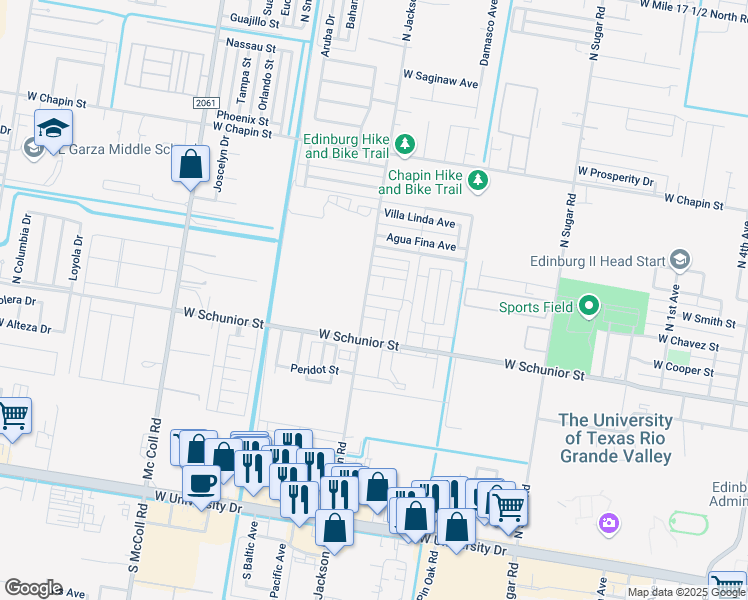 map of restaurants, bars, coffee shops, grocery stores, and more near 2110 Carlos Drive in Edinburg
