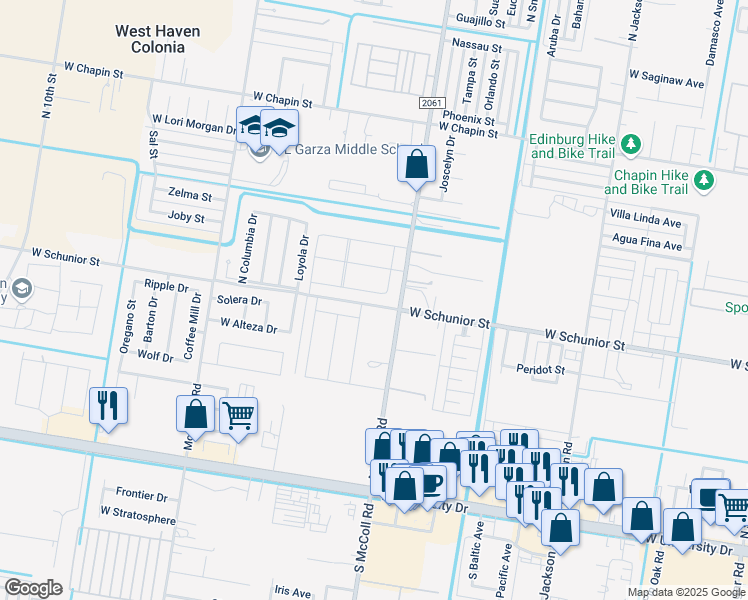 map of restaurants, bars, coffee shops, grocery stores, and more near West Schunior Street in Edinburg