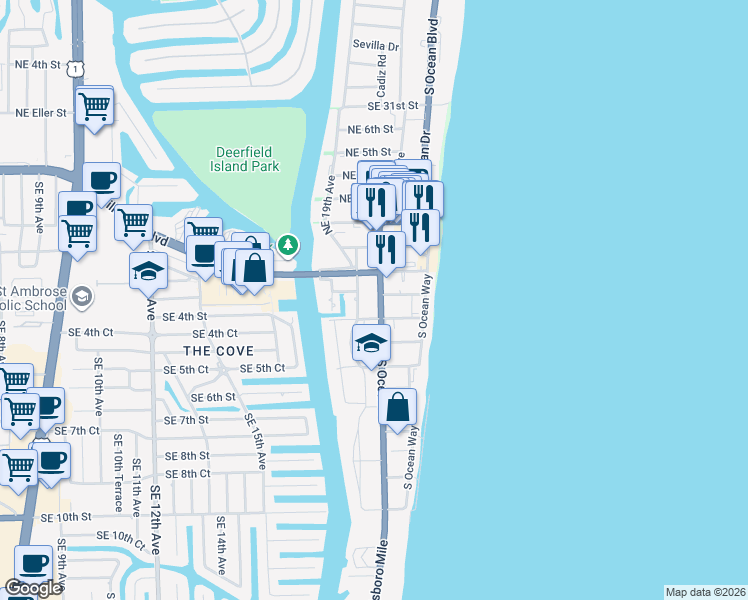 map of restaurants, bars, coffee shops, grocery stores, and more near 191 South Ocean Drive in Deerfield Beach