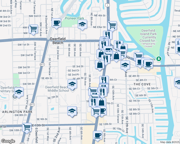 map of restaurants, bars, coffee shops, grocery stores, and more near 801 Southeast 3rd Court in Deerfield Beach