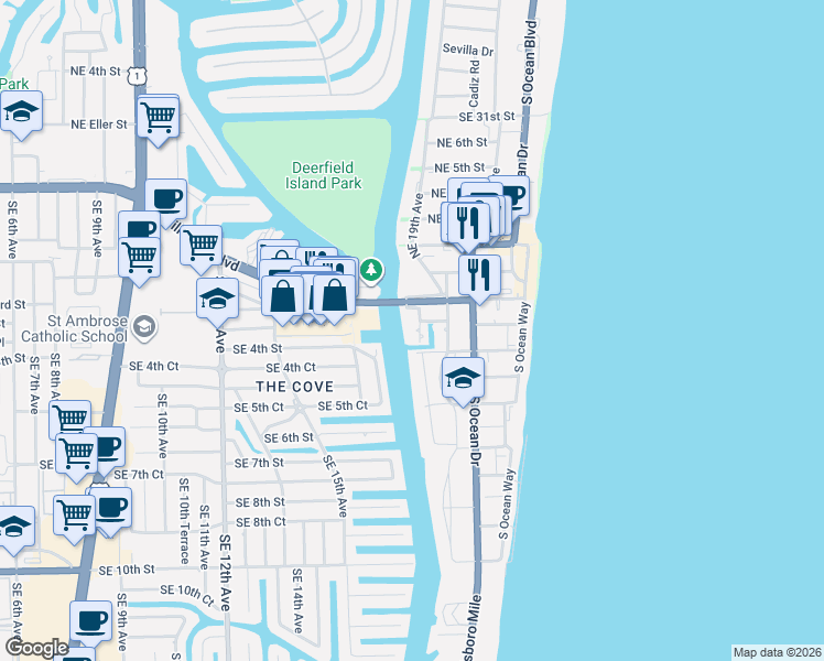 map of restaurants, bars, coffee shops, grocery stores, and more near 165 Southeast 18th Avenue in Deerfield Beach