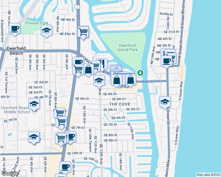 map of restaurants, bars, coffee shops, grocery stores, and more near 1341 Southeast 4th Street in Deerfield Beach