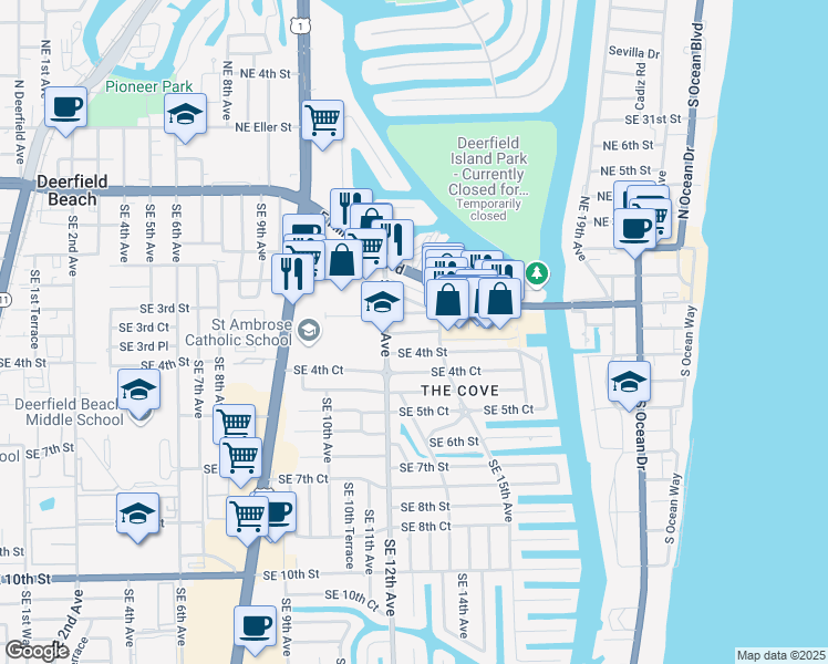 map of restaurants, bars, coffee shops, grocery stores, and more near 1341 Southeast 4th Street in Deerfield Beach