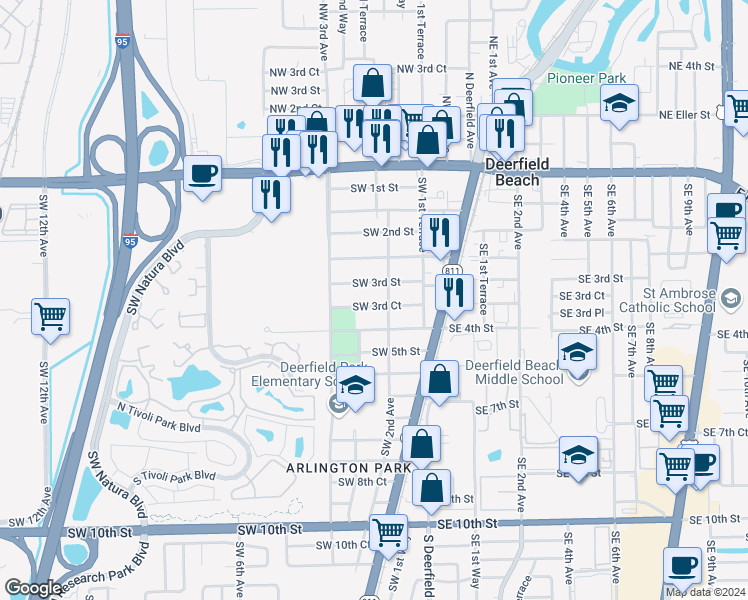 map of restaurants, bars, coffee shops, grocery stores, and more near 228 Southwest 3rd Court in Deerfield Beach