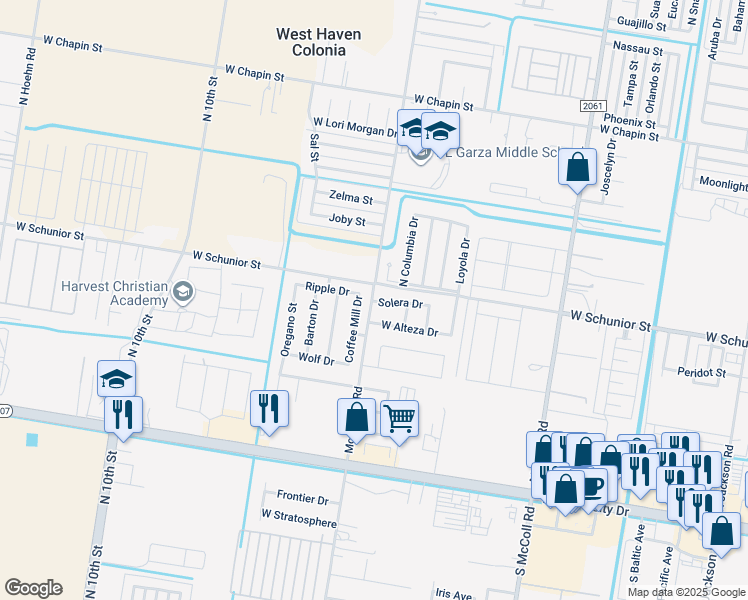 map of restaurants, bars, coffee shops, grocery stores, and more near 3516 West Solera Road in Edinburg