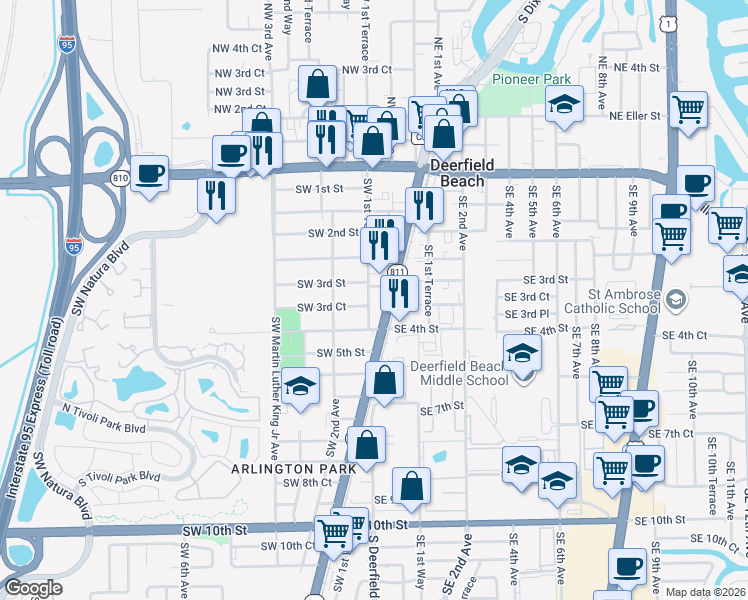map of restaurants, bars, coffee shops, grocery stores, and more near 365 South Dixie Highway in Deerfield Beach