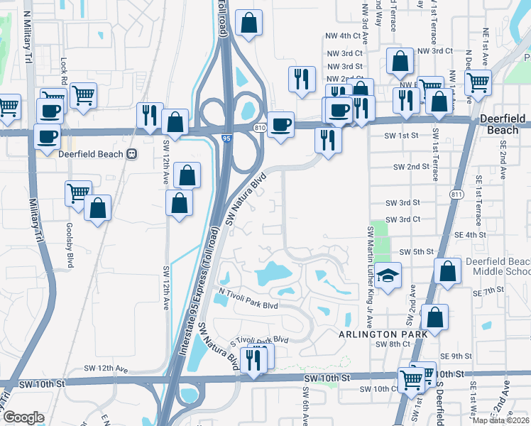 map of restaurants, bars, coffee shops, grocery stores, and more near 3621 Southwest Natura Avenue in Deerfield Beach