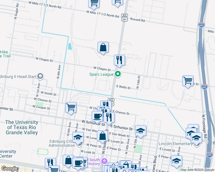 map of restaurants, bars, coffee shops, grocery stores, and more near 110 Teak Drive in Edinburg