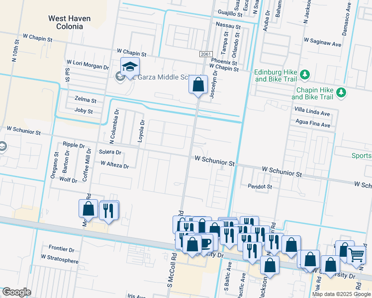 map of restaurants, bars, coffee shops, grocery stores, and more near 720 North McColl Road in Edinburg