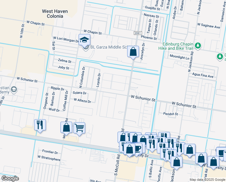 map of restaurants, bars, coffee shops, grocery stores, and more near West Schunior Street in Edinburg