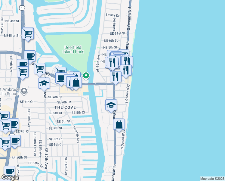 map of restaurants, bars, coffee shops, grocery stores, and more near 180 Southeast 20th Avenue in Deerfield Beach