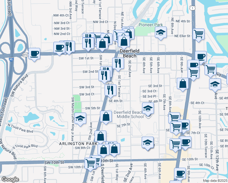 map of restaurants, bars, coffee shops, grocery stores, and more near 140 Southeast 3rd Court in Deerfield Beach
