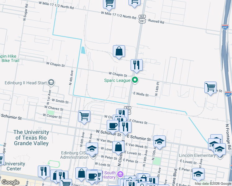 map of restaurants, bars, coffee shops, grocery stores, and more near 220 Teak Drive in Edinburg