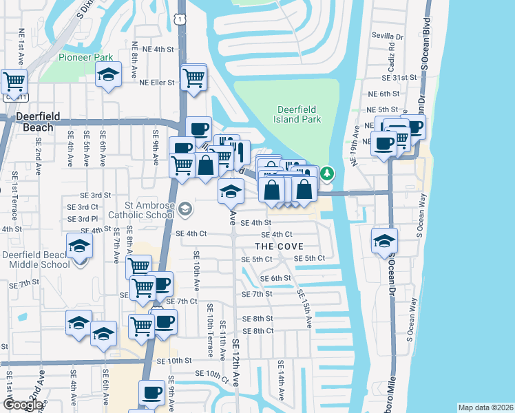 map of restaurants, bars, coffee shops, grocery stores, and more near 1341 Southeast 4th Street in Deerfield Beach
