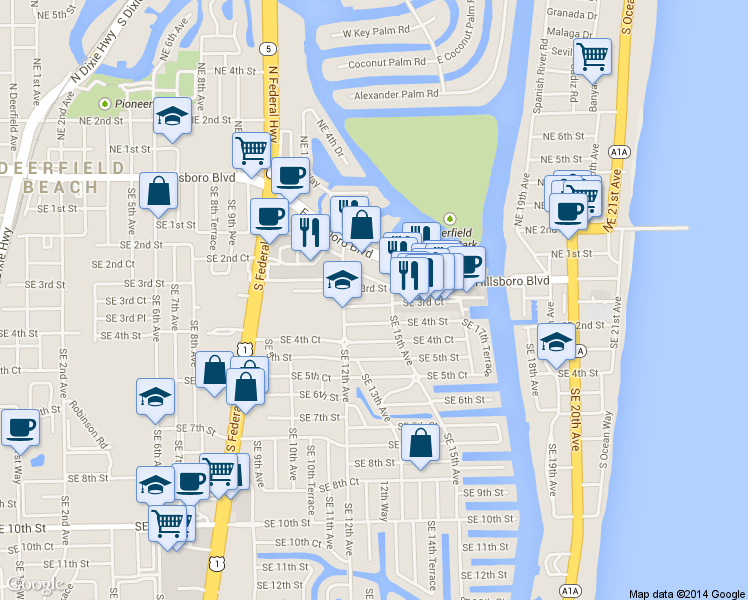map of restaurants, bars, coffee shops, grocery stores, and more near 1341 Southeast 4th Street in Deerfield Beach