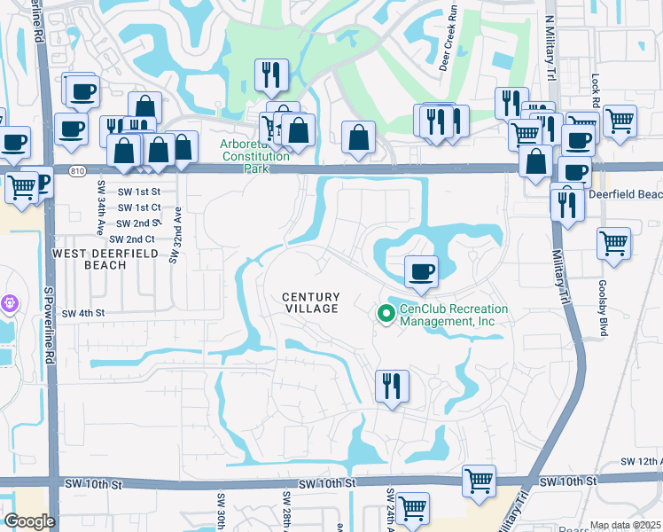 map of restaurants, bars, coffee shops, grocery stores, and more near 250 Century Boulevard in Deerfield Beach