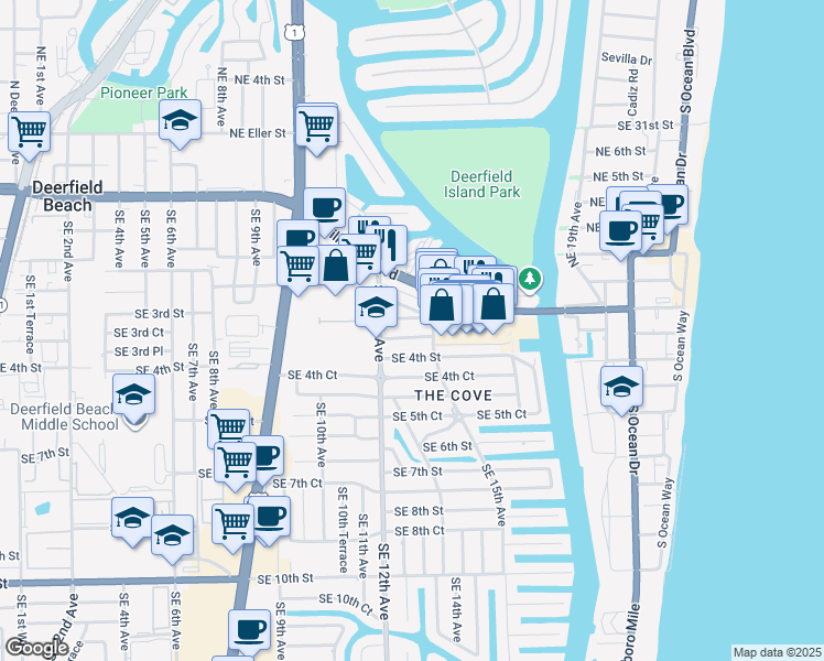 map of restaurants, bars, coffee shops, grocery stores, and more near 1341 Southeast 4th Street in Deerfield Beach