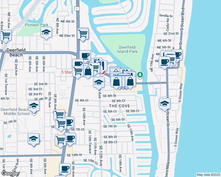 map of restaurants, bars, coffee shops, grocery stores, and more near 1341 Southeast 4th Street in Deerfield Beach