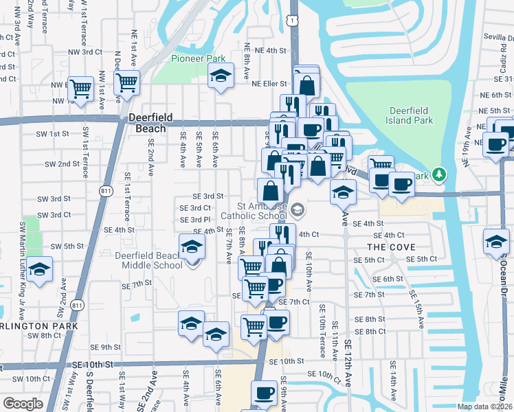 map of restaurants, bars, coffee shops, grocery stores, and more near 367 South Federal Highway in Deerfield Beach