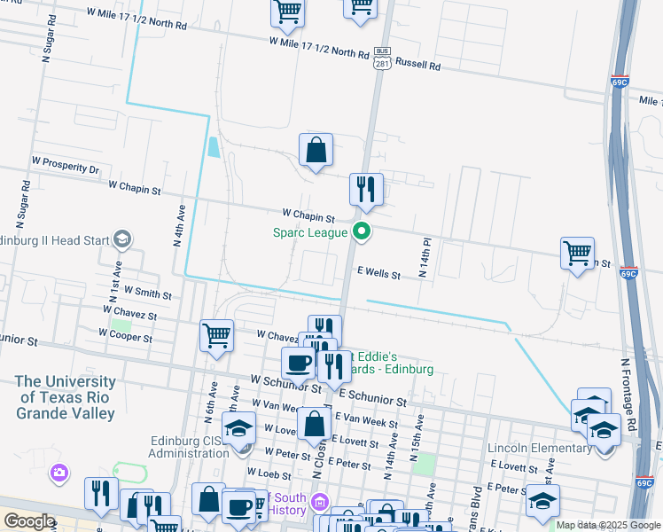 map of restaurants, bars, coffee shops, grocery stores, and more near 1217 Upas Drive in Edinburg