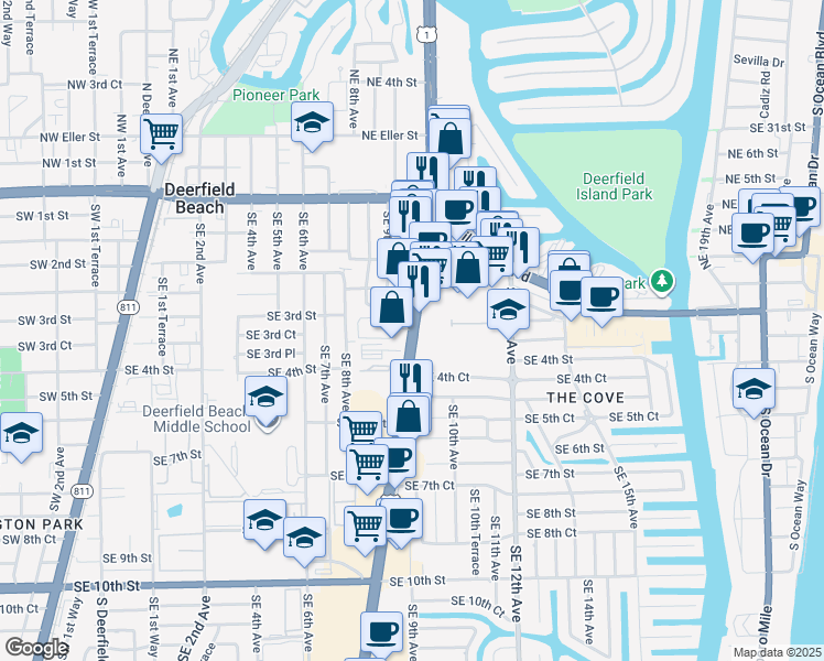 map of restaurants, bars, coffee shops, grocery stores, and more near 308 South Federal Highway in Deerfield Beach