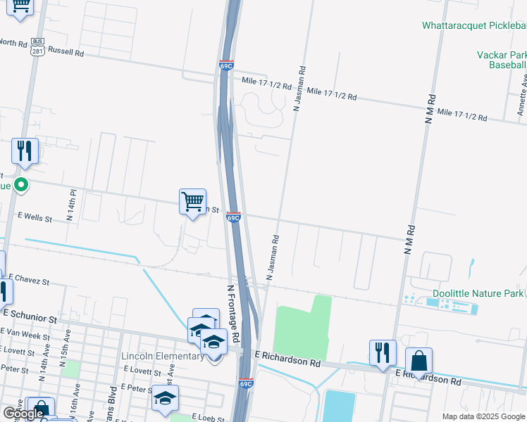 map of restaurants, bars, coffee shops, grocery stores, and more near 1315 East Chapin Street in Edinburg