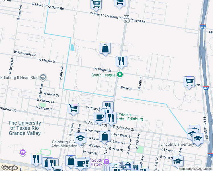 map of restaurants, bars, coffee shops, grocery stores, and more near 203 Fig Drive in Edinburg
