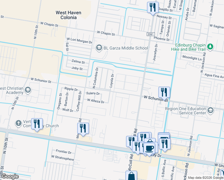 map of restaurants, bars, coffee shops, grocery stores, and more near 905 Loyola Drive in Edinburg