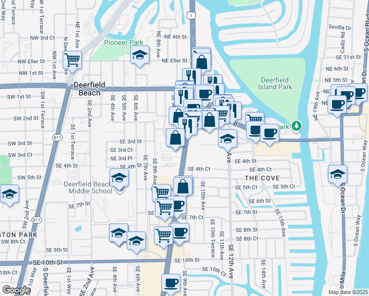 map of restaurants, bars, coffee shops, grocery stores, and more near 308 South Federal Highway in Deerfield Beach