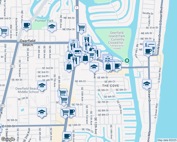 map of restaurants, bars, coffee shops, grocery stores, and more near 199 Southeast 12th Avenue in Deerfield Beach