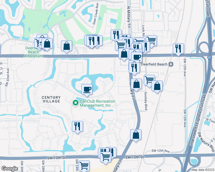 map of restaurants, bars, coffee shops, grocery stores, and more near 225 Amadeo Trinchitella Boulevard in Deerfield Beach