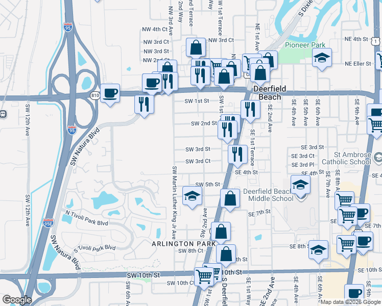 map of restaurants, bars, coffee shops, grocery stores, and more near 231 Southwest 3rd Street in Deerfield Beach