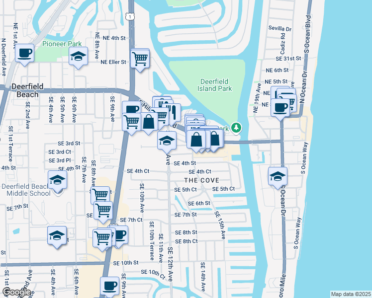 map of restaurants, bars, coffee shops, grocery stores, and more near 1351 Southeast 3rd Street in Deerfield Beach