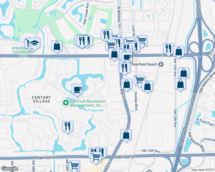 map of restaurants, bars, coffee shops, grocery stores, and more near 4011 Swansea Crescent in Deerfield Beach