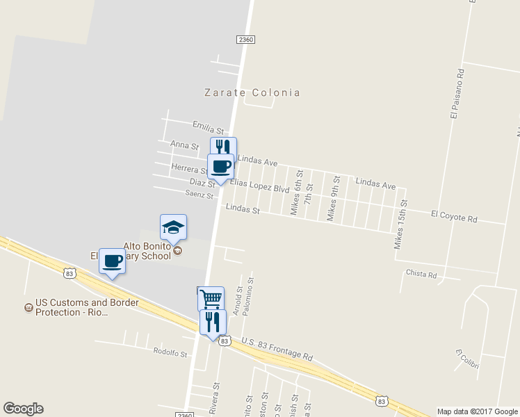 map of restaurants, bars, coffee shops, grocery stores, and more near 6804 East 3rd Street in Rio Grande City