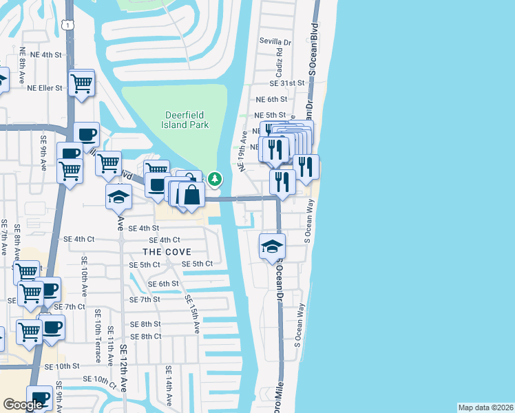 map of restaurants, bars, coffee shops, grocery stores, and more near 102 Southeast 19th Avenue in Deerfield Beach