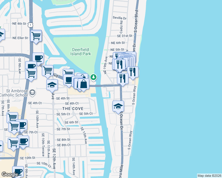 map of restaurants, bars, coffee shops, grocery stores, and more near 102 Southeast 19th Avenue in Deerfield Beach