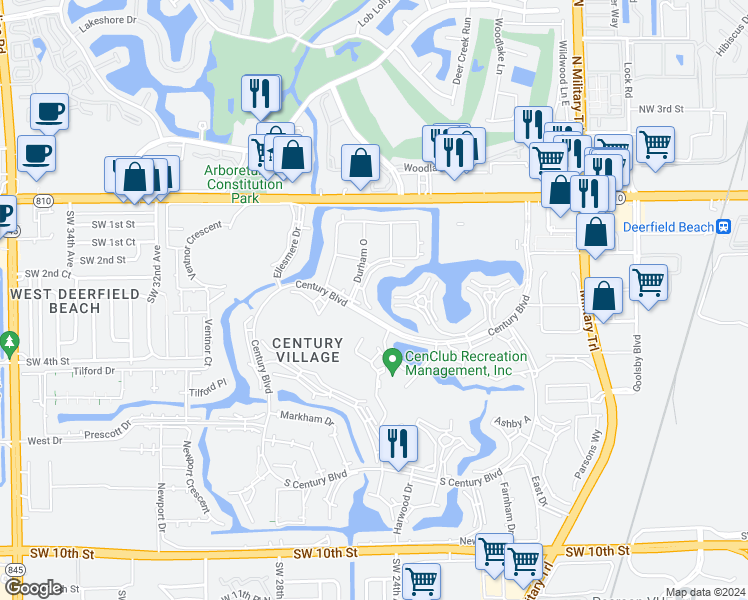 map of restaurants, bars, coffee shops, grocery stores, and more near 2016 Durham A in Deerfield Beach