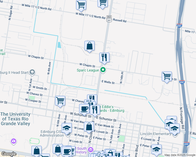map of restaurants, bars, coffee shops, grocery stores, and more near 1320 North Closner Boulevard in Edinburg