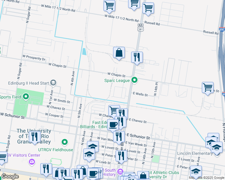 map of restaurants, bars, coffee shops, grocery stores, and more near 1227 White Oak Drive in Edinburg